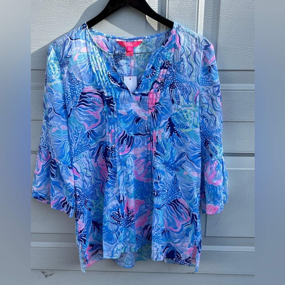 Women's Lilly Pulitzer S Multicolor Linen Bell Sleeve Top Blouse M